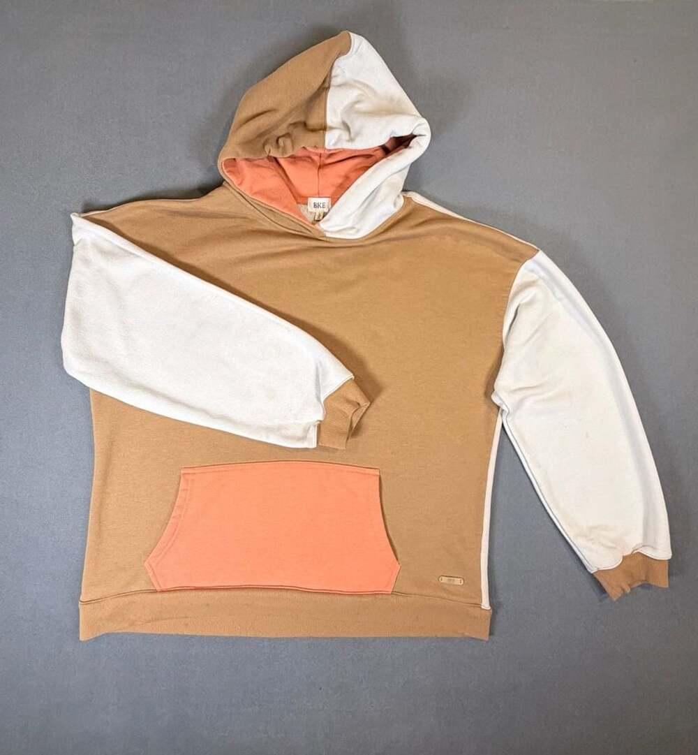 Bke Colorblock Hoodie Size L Tan White Orange Pocket Sweatshirt